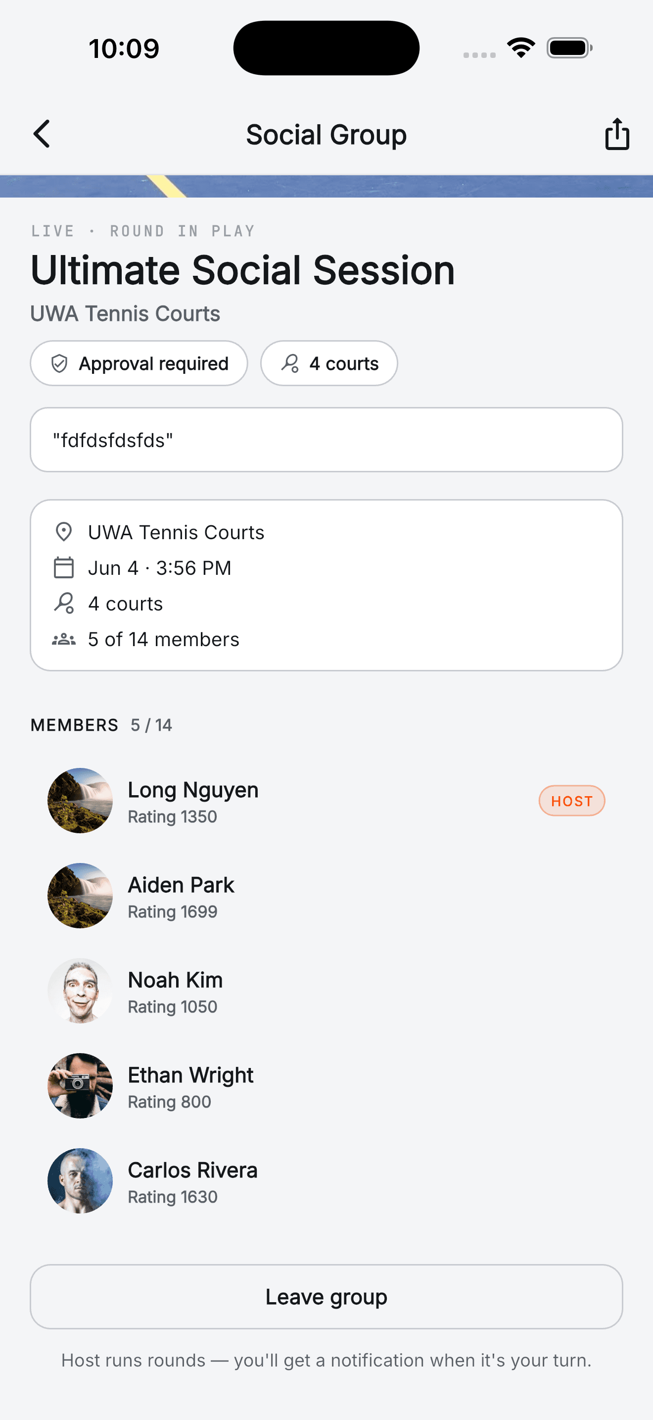 Social group hub with members and session details