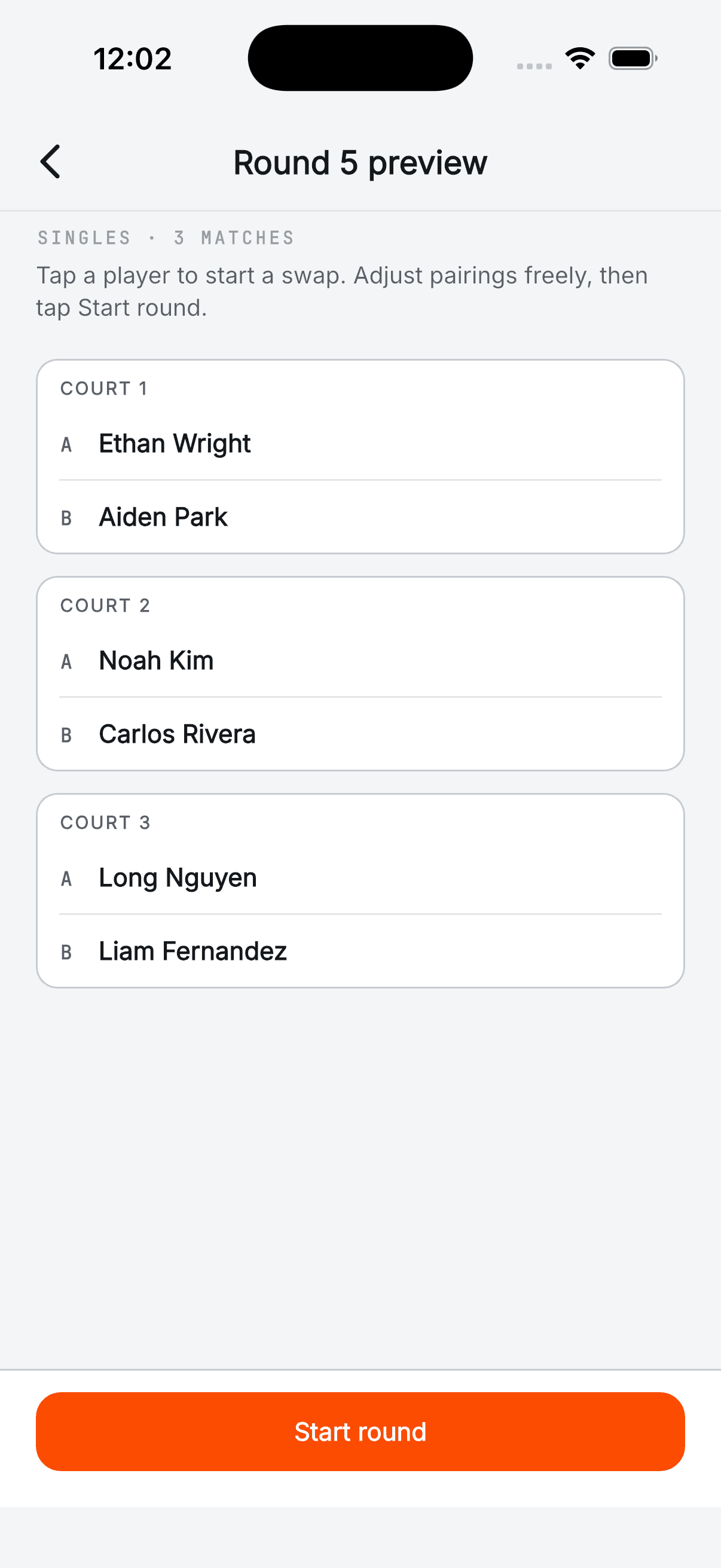 Round preview with court pairings before start