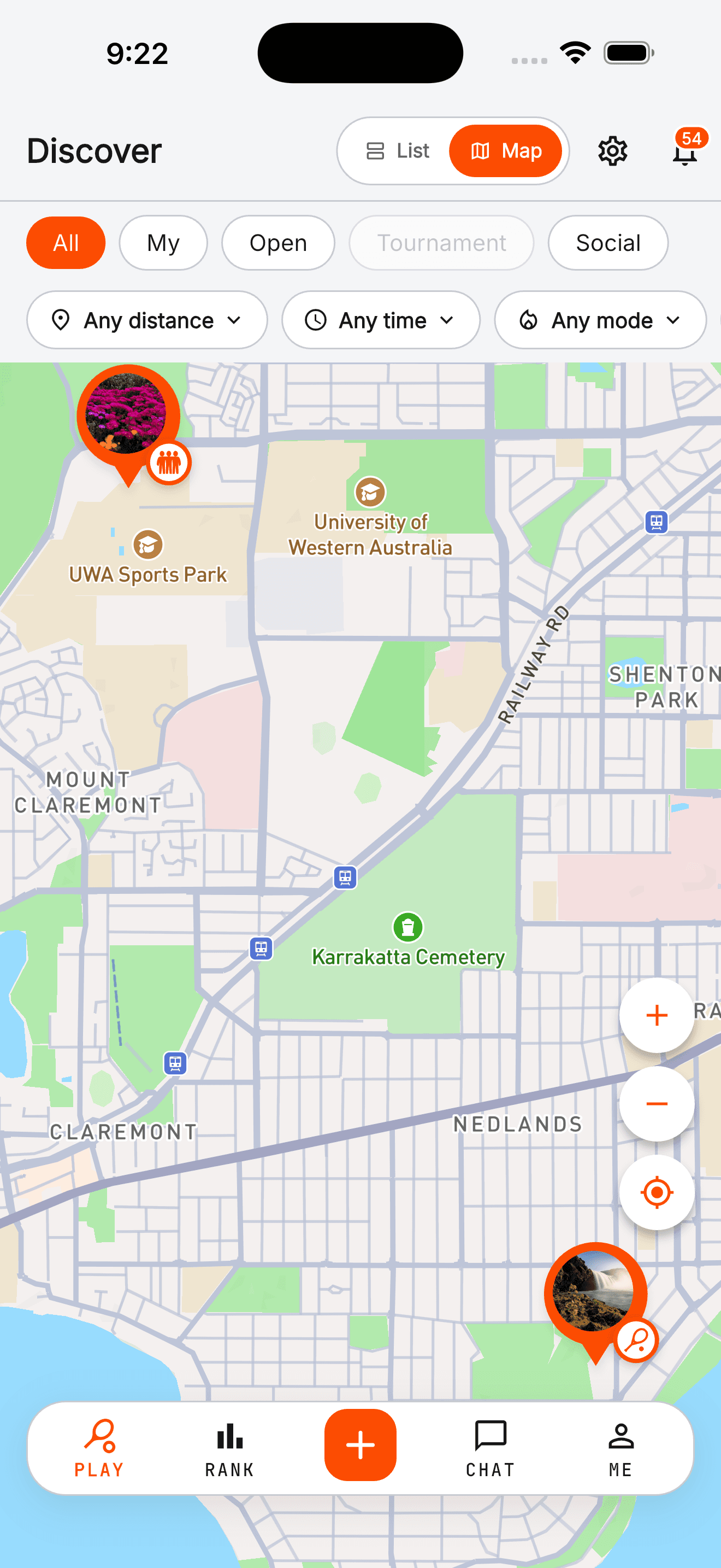 Map of players and open matches