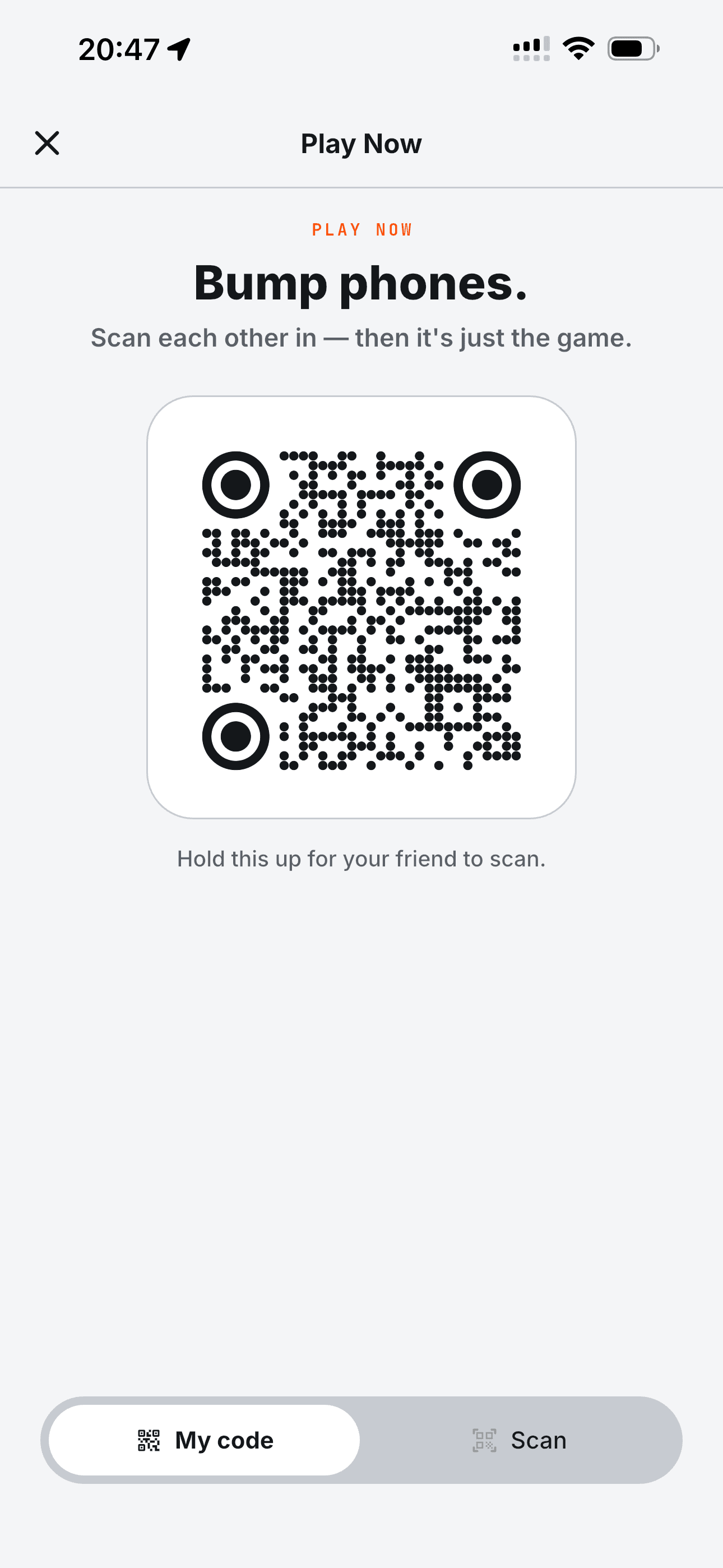 Play Now — bump phones and scan in