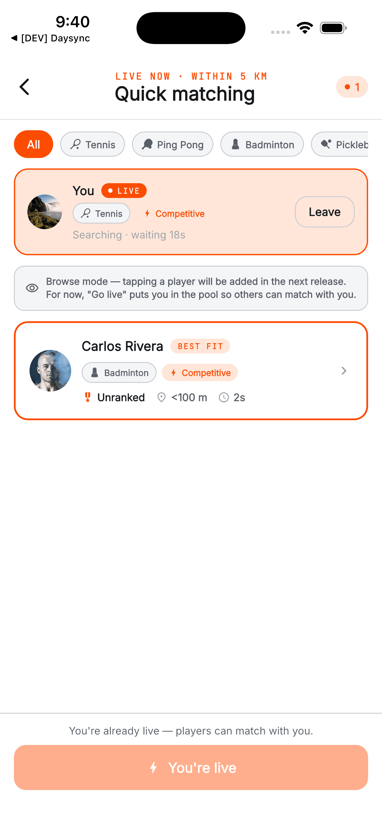 Quick Match — live and matching