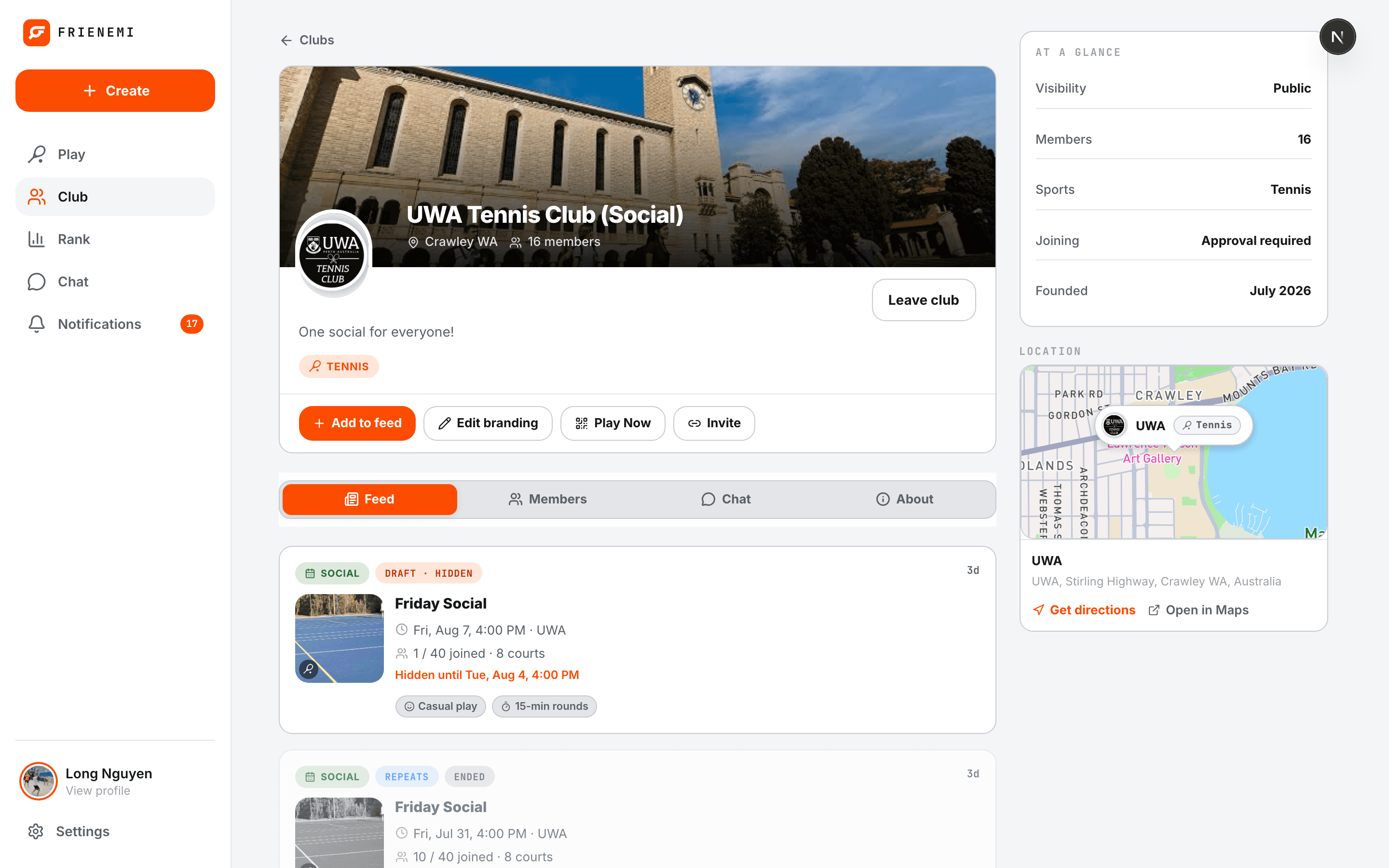 A club with its members, announcements and sessions