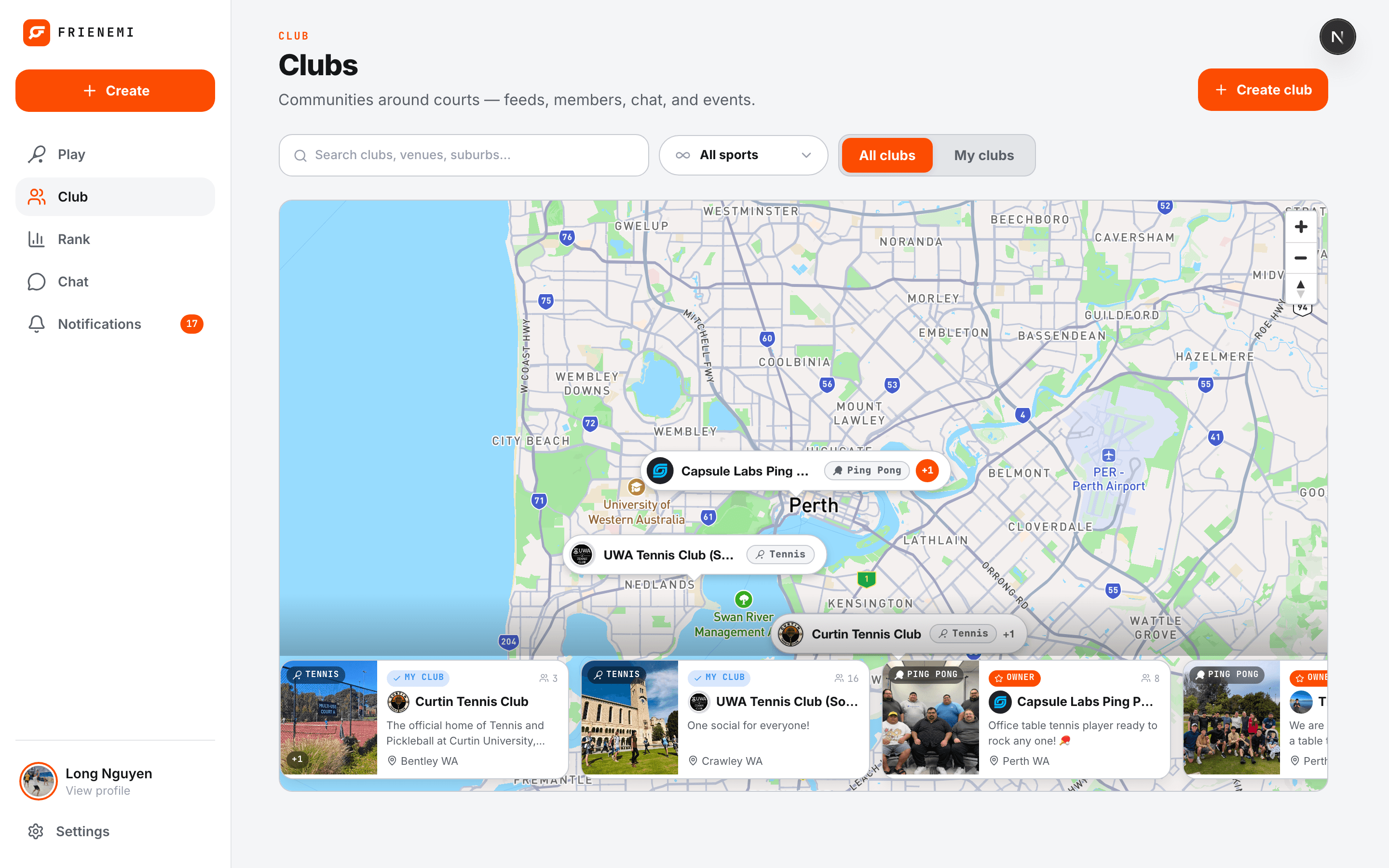 Clubs on the map around Perth