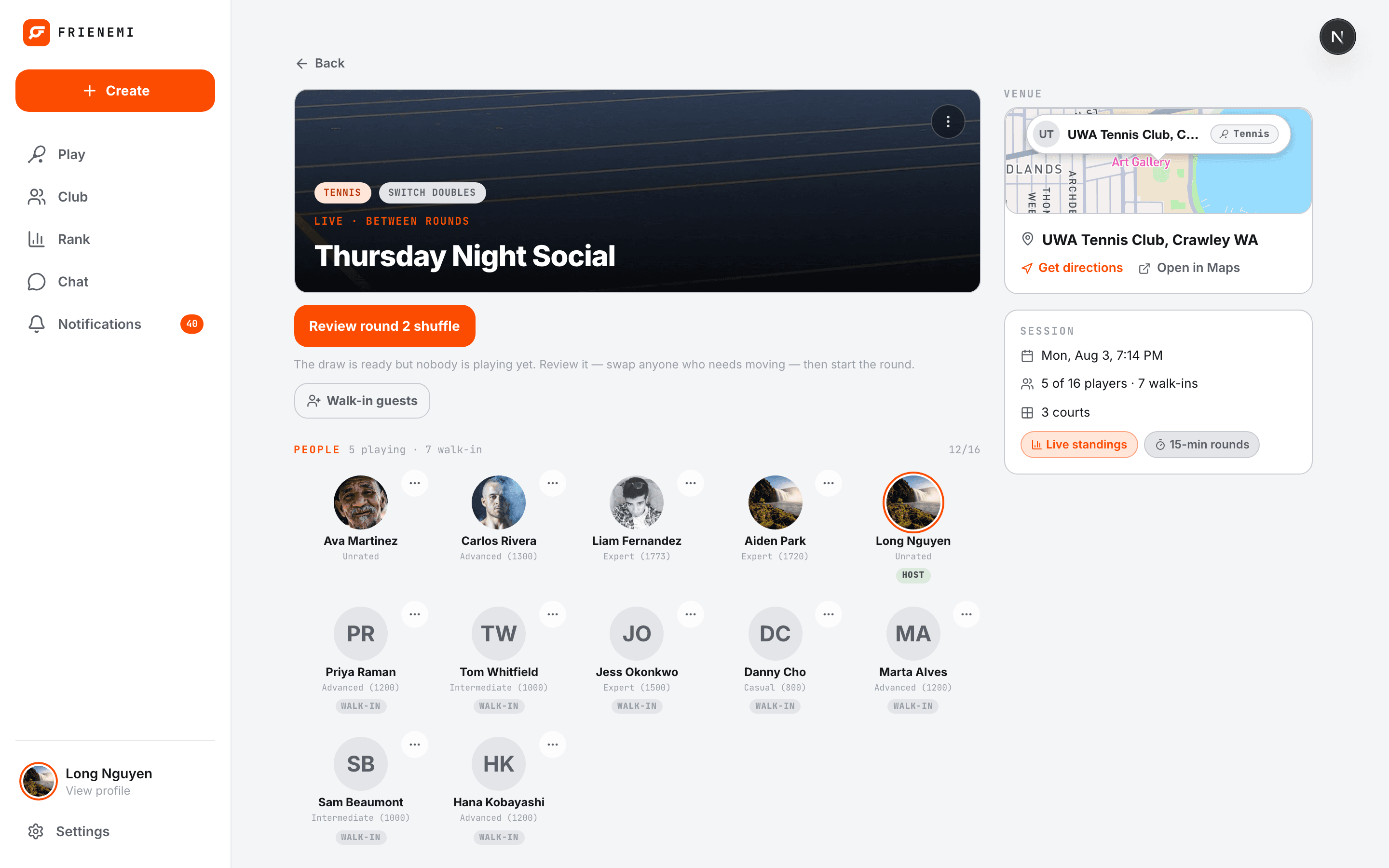 A live club social on the web — roster, venue and court count