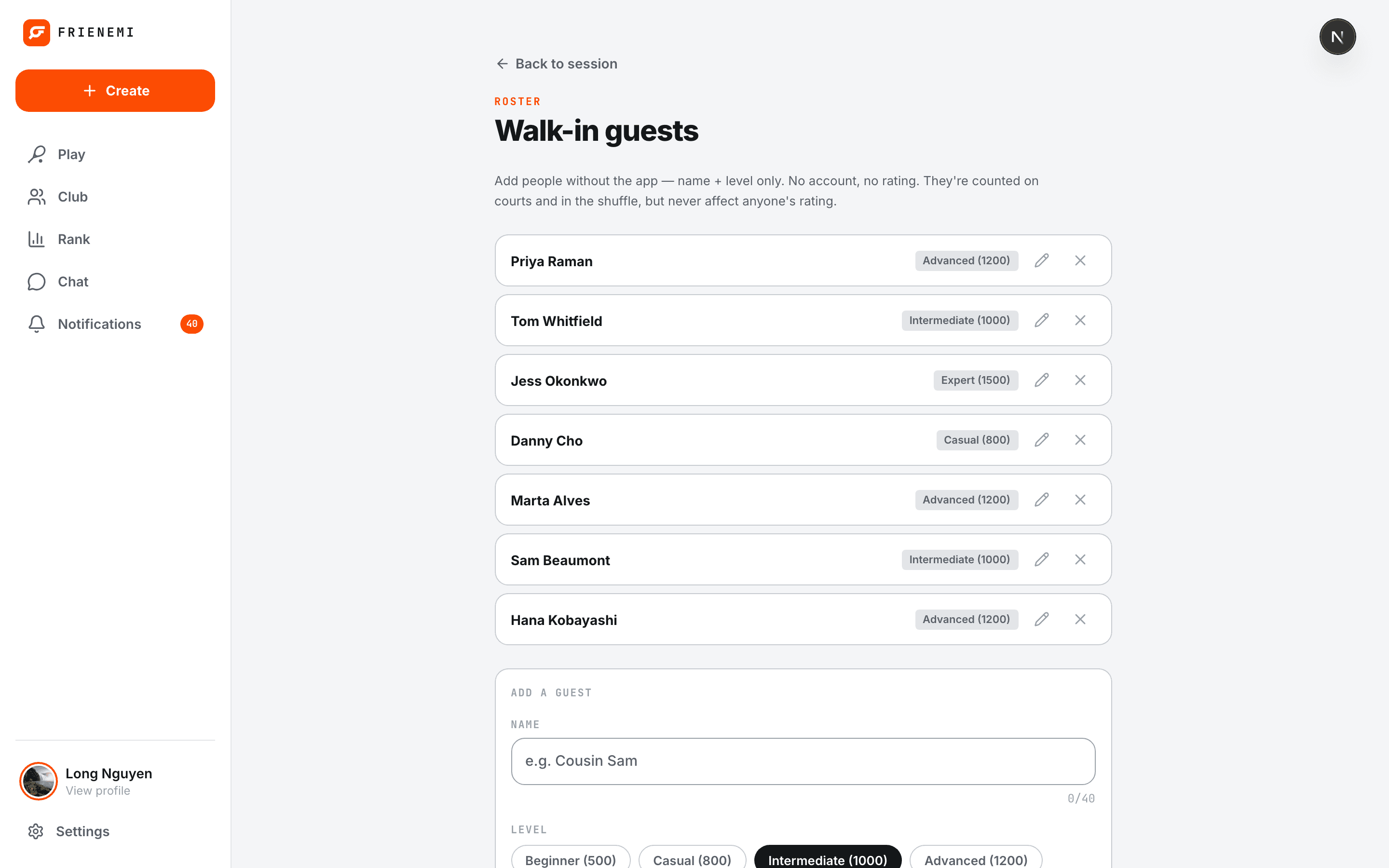 Adding walk-in guests by name and level on the web