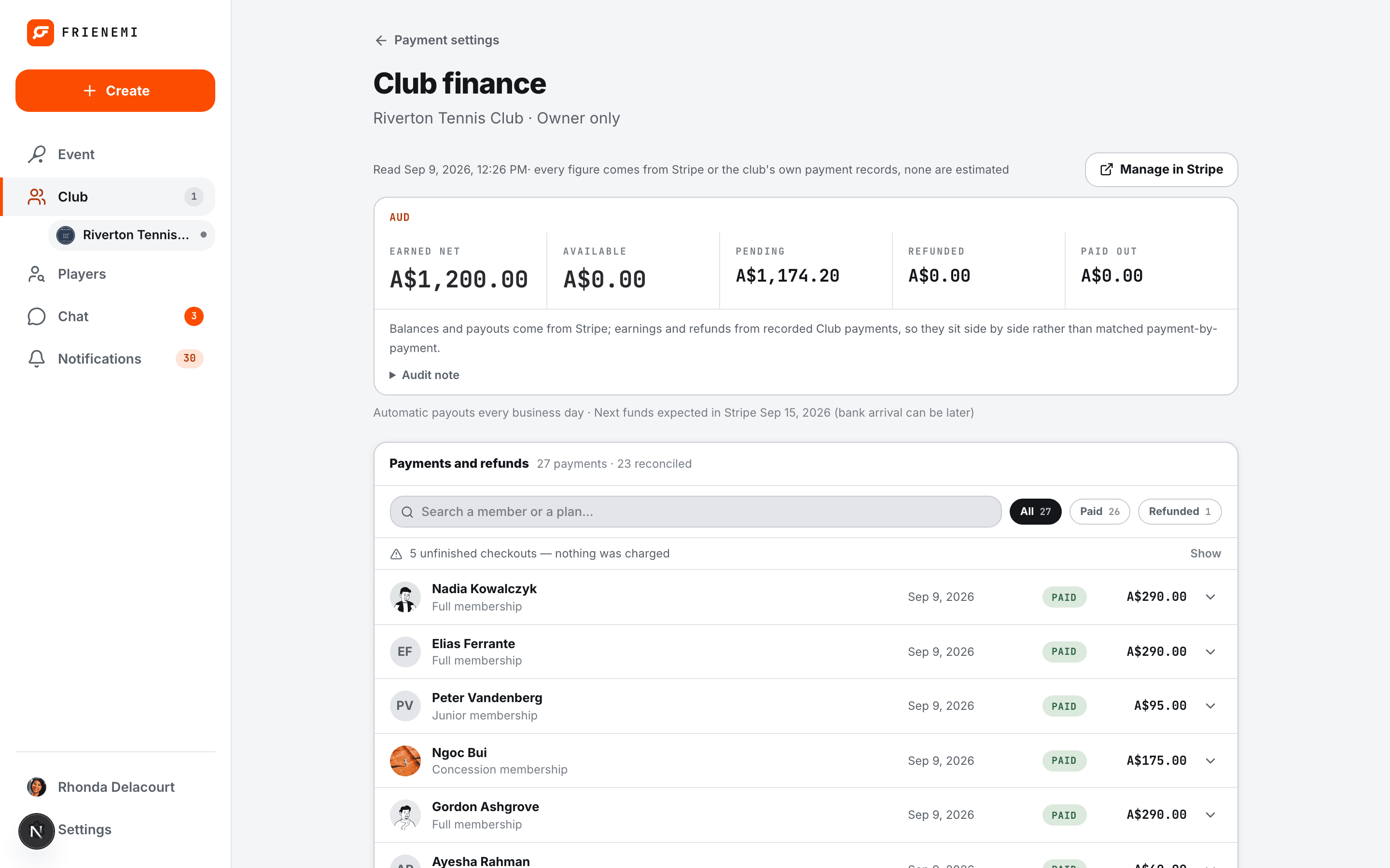 Club finance — earned, pending and paid out, with every payment listed